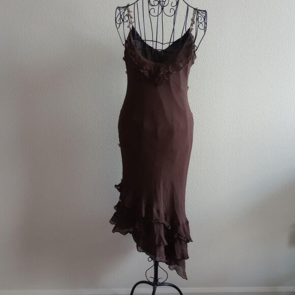 Y2K Brown Floral Beaded Silk Fairy Prom Dress - Picture 2 of 3